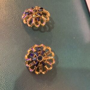 Vintage KRAMER Blue Rhinestone  And Gold Plated Clip Earrings SET